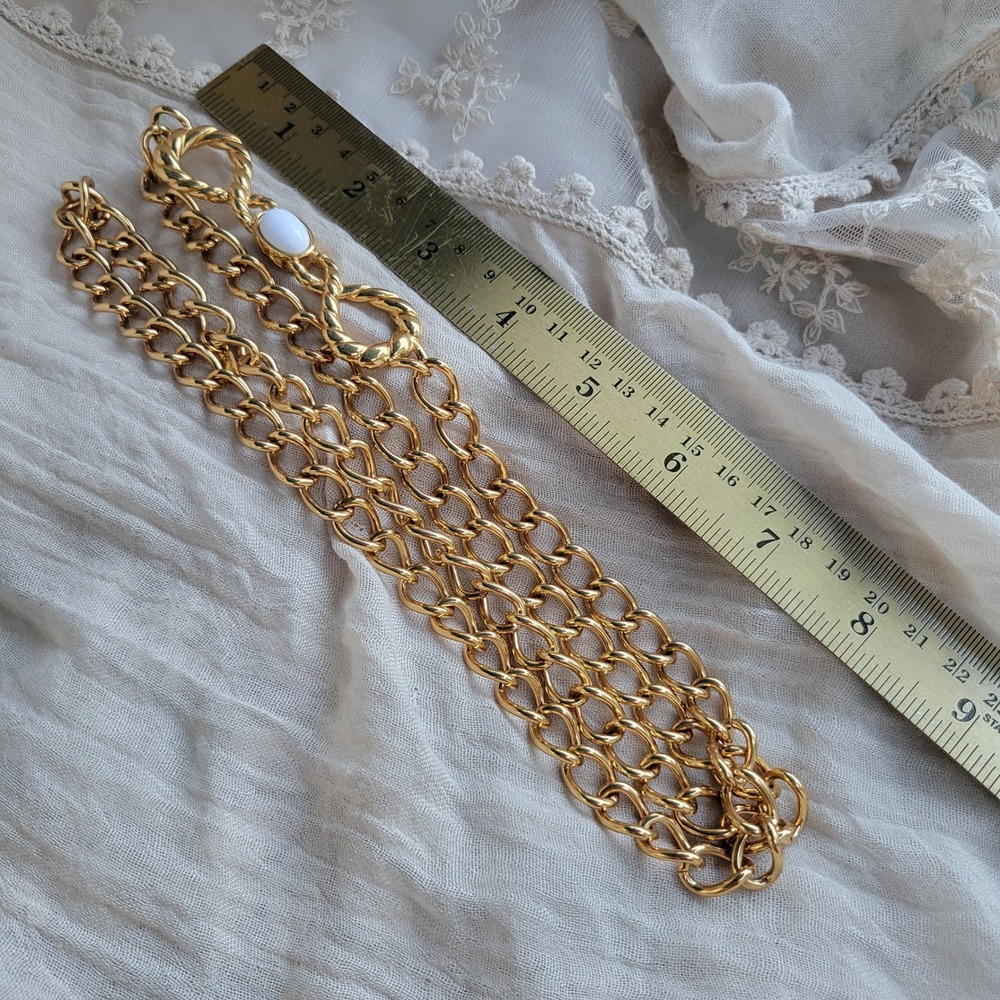 Vintage 1990s Monet Necklace Gold White Cabochon Chunky Long Chain No Closure - Picture 5 of 8